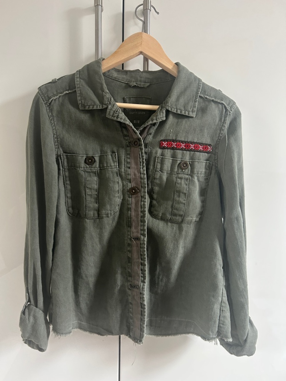 Aeropostale Olive Green Button-Up Jacket with Red Embroidery
